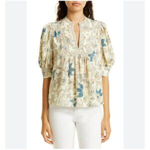 Ulla Johnson Desdra Blouse Womens 2 Cream Silk V-Neck Ruffle Puff Sleeve Floral